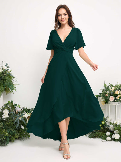 Carlyna A-Line Asymmetric Chiffon Maxi Dress | V-Neck Short Sleeve Bridesmaid & Wedding Guest Dress Side View 3 #color_dark-emerald