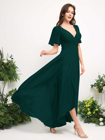 Carlyna A-Line Asymmetric Chiffon Maxi Dress | V-Neck Short Sleeve Bridesmaid & Wedding Guest Dress Side View 4 #color_dark-emerald