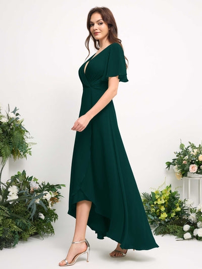 Carlyna A-Line Asymmetric Chiffon Maxi Dress | V-Neck Short Sleeve Bridesmaid & Wedding Guest Dress Side View 5 #color_dark-emerald