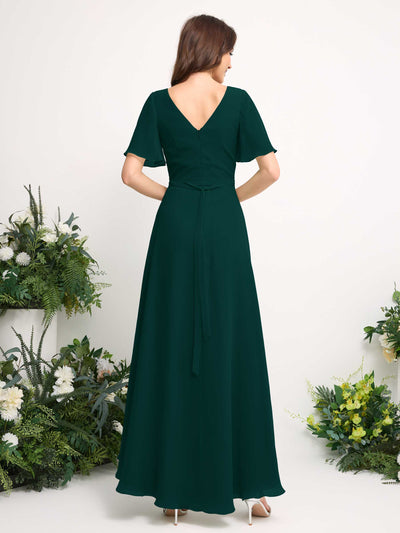 Carlyna A-Line Asymmetric Chiffon Maxi Dress | V-Neck Short Sleeve Bridesmaid & Wedding Guest Dress Back View #color_dark-emerald