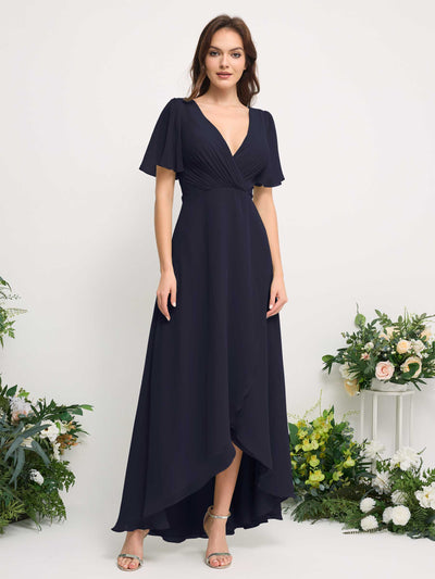 Carlyna A-Line Asymmetric Chiffon Maxi Dress | V-Neck Short Sleeve Bridesmaid & Wedding Guest Dress Front View #color_dark-navy