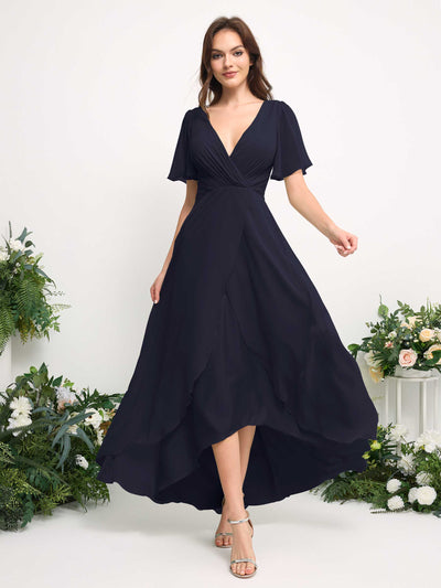 Carlyna A-Line Asymmetric Chiffon Maxi Dress | V-Neck Short Sleeve Bridesmaid & Wedding Guest Dress Side View 3 #color_dark-navy