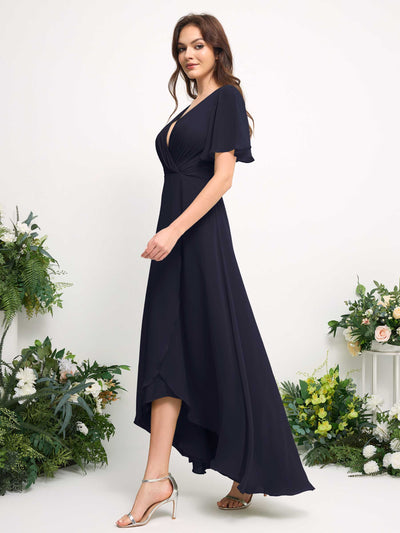 Carlyna A-Line Asymmetric Chiffon Maxi Dress | V-Neck Short Sleeve Bridesmaid & Wedding Guest Dress Side View 5 #color_dark-navy