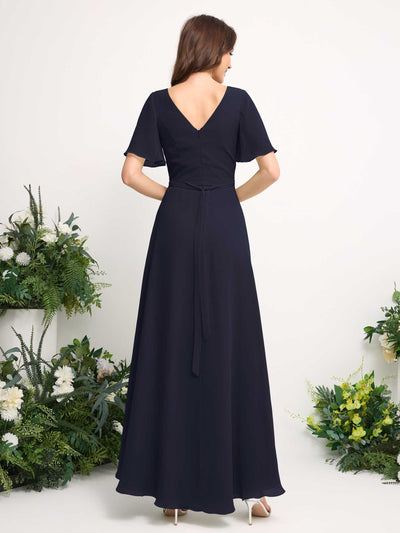 Carlyna A-Line Asymmetric Chiffon Maxi Dress | V-Neck Short Sleeve Bridesmaid & Wedding Guest Dress Back View #color_dark-navy