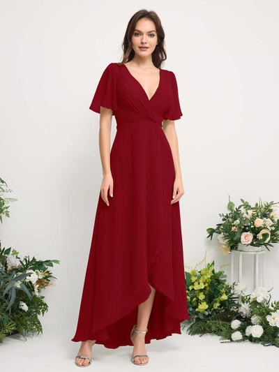 Carlyna A-Line Asymmetric Chiffon Maxi Dress | V-Neck Short Sleeve Bridesmaid & Wedding Guest Dress Front View #color_rust