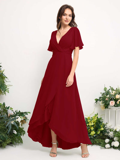 Carlyna A-Line Asymmetric Chiffon Maxi Dress | V-Neck Short Sleeve Bridesmaid & Wedding Guest Dress Side View 2 #color_rust