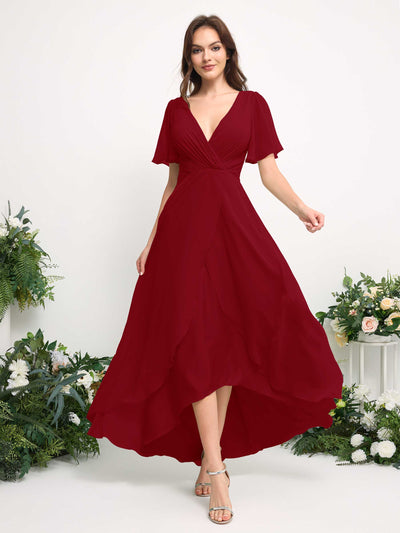 Carlyna A-Line Asymmetric Chiffon Maxi Dress | V-Neck Short Sleeve Bridesmaid & Wedding Guest Dress Side View 3 #color_rust