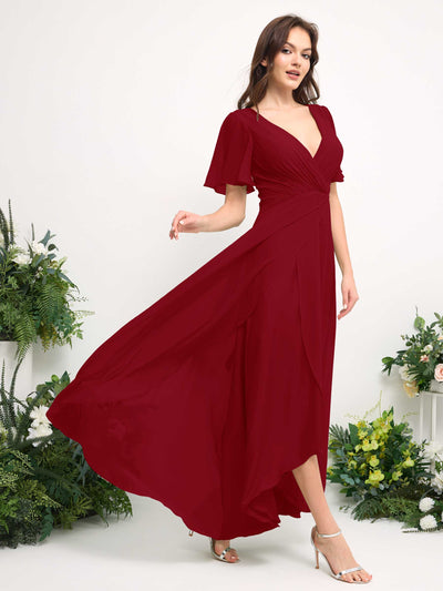 Carlyna A-Line Asymmetric Chiffon Maxi Dress | V-Neck Short Sleeve Bridesmaid & Wedding Guest Dress Side View 4 #color_rust