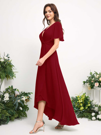 Carlyna A-Line Asymmetric Chiffon Maxi Dress | V-Neck Short Sleeve Bridesmaid & Wedding Guest Dress Side View 5 #color_rust