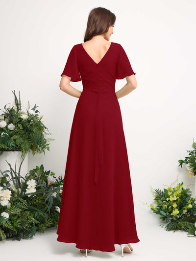 Carlyna A-Line Asymmetric Chiffon Maxi Dress | V-Neck Short Sleeve Bridesmaid & Wedding Guest Dress Back View #color_rust
