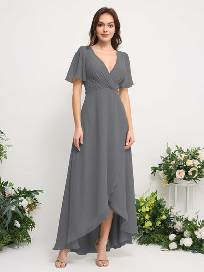 Carlyna A-Line Asymmetric Chiffon Maxi Dress | V-Neck Short Sleeve Bridesmaid & Wedding Guest Dress Front View #color_steel-gray