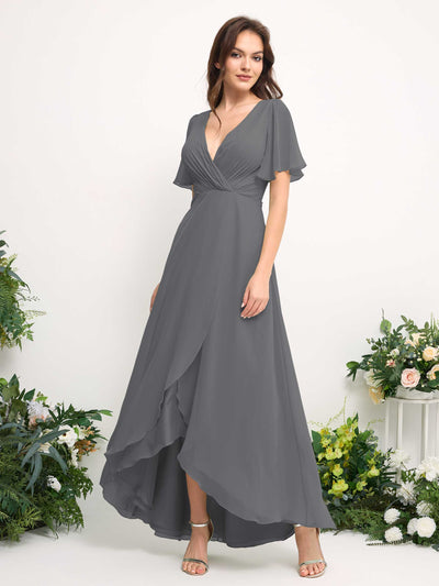 Carlyna A-Line Asymmetric Chiffon Maxi Dress | V-Neck Short Sleeve Bridesmaid & Wedding Guest Dress Side View 2 #color_steel-gray