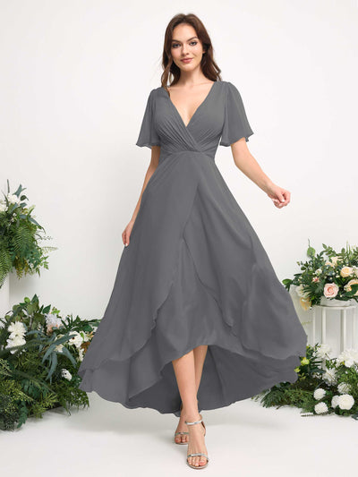 Carlyna A-Line Asymmetric Chiffon Maxi Dress | V-Neck Short Sleeve Bridesmaid & Wedding Guest Dress Side View 3 #color_steel-gray
