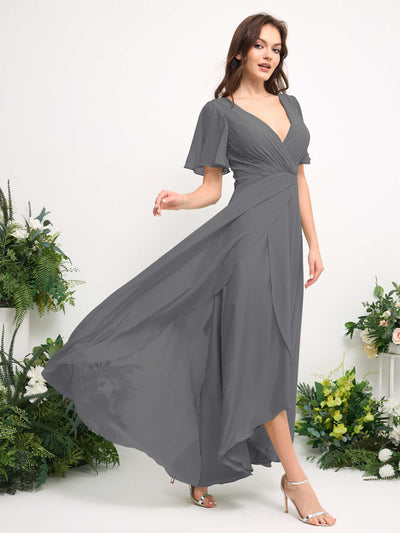 Carlyna A-Line Asymmetric Chiffon Maxi Dress | V-Neck Short Sleeve Bridesmaid & Wedding Guest Dress Side View 4 #color_steel-gray