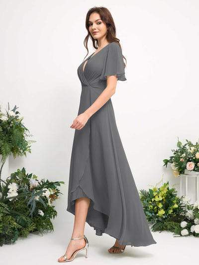 Carlyna A-Line Asymmetric Chiffon Maxi Dress | V-Neck Short Sleeve Bridesmaid & Wedding Guest Dress Side View 5 #color_steel-gray