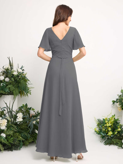 Carlyna A-Line Asymmetric Chiffon Maxi Dress | V-Neck Short Sleeve Bridesmaid & Wedding Guest Dress Back View #color_steel-gray
