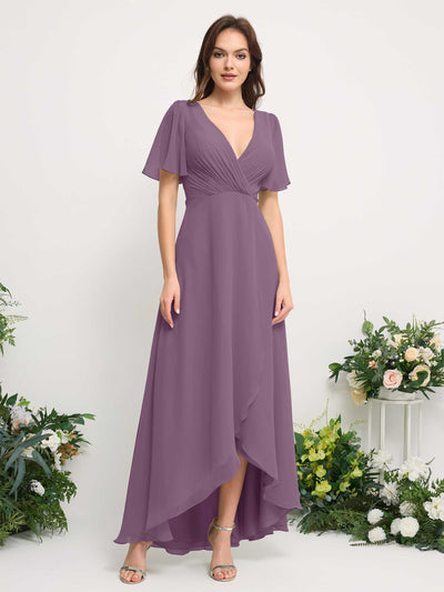 Carlyna A-Line Asymmetric Chiffon Maxi Dress | V-Neck Short Sleeve Bridesmaid & Wedding Guest Dress Front View #color_orchid-mist