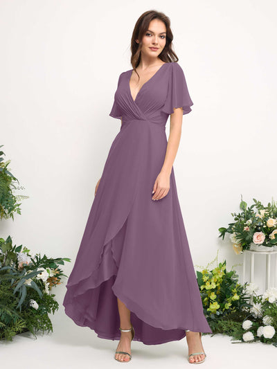 Carlyna A-Line Asymmetric Chiffon Maxi Dress | V-Neck Short Sleeve Bridesmaid & Wedding Guest Dress Side View 2 #color_orchid-mist