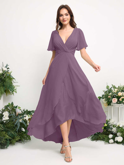Carlyna A-Line Asymmetric Chiffon Maxi Dress | V-Neck Short Sleeve Bridesmaid & Wedding Guest Dress Side View 3 #color_orchid-mist