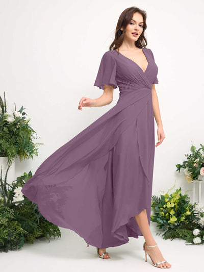 Carlyna A-Line Asymmetric Chiffon Maxi Dress | V-Neck Short Sleeve Bridesmaid & Wedding Guest Dress Side View 4 #color_orchid-mist