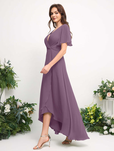 Carlyna A-Line Asymmetric Chiffon Maxi Dress | V-Neck Short Sleeve Bridesmaid & Wedding Guest Dress Side View 5 #color_orchid-mist