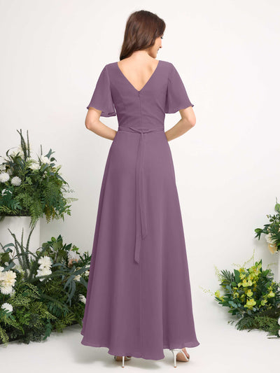 Carlyna A-Line Asymmetric Chiffon Maxi Dress | V-Neck Short Sleeve Bridesmaid & Wedding Guest Dress Back View #color_orchid-mist