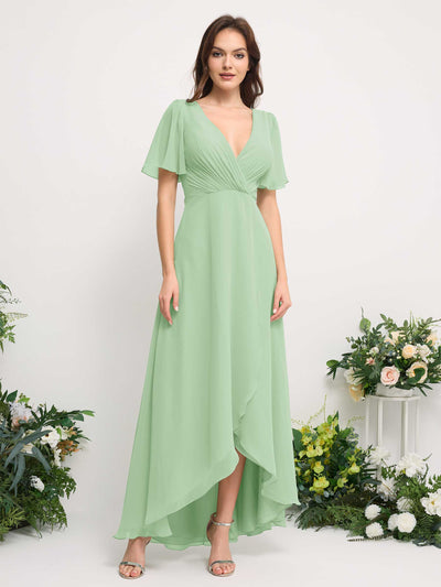 Carlyna A-Line Asymmetric Chiffon Maxi Dress | V-Neck Short Sleeve Bridesmaid & Wedding Guest Dress Front View #color_mint-green