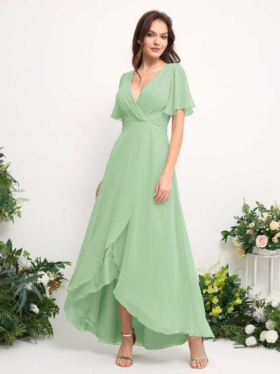 Carlyna A-Line Asymmetric Chiffon Maxi Dress | V-Neck Short Sleeve Bridesmaid & Wedding Guest Dress Side View 2 #color_mint-green