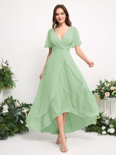 Carlyna A-Line Asymmetric Chiffon Maxi Dress | V-Neck Short Sleeve Bridesmaid & Wedding Guest Dress Side View 3 #color_mint-green