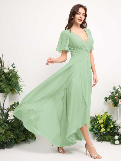 Carlyna A-Line Asymmetric Chiffon Maxi Dress | V-Neck Short Sleeve Bridesmaid & Wedding Guest Dress Side View 4 #color_mint-green