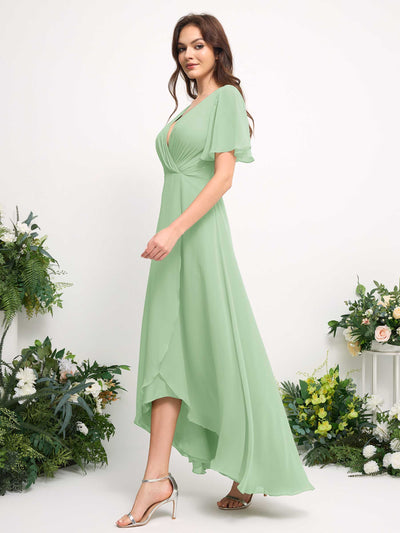 Carlyna A-Line Asymmetric Chiffon Maxi Dress | V-Neck Short Sleeve Bridesmaid & Wedding Guest Dress Side View 5 #color_mint-green