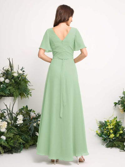 Carlyna A-Line Asymmetric Chiffon Maxi Dress | V-Neck Short Sleeve Bridesmaid & Wedding Guest Dress Back View #color_mint-green