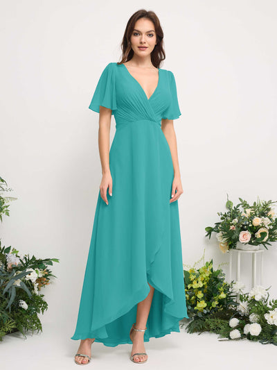 Carlyna A-Line Asymmetric Chiffon Maxi Dress | V-Neck Short Sleeve Bridesmaid & Wedding Guest Dress Front View #color_turquoise