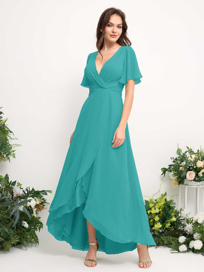 Carlyna A-Line Asymmetric Chiffon Maxi Dress | V-Neck Short Sleeve Bridesmaid & Wedding Guest Dress Side View 2 #color_turquoise