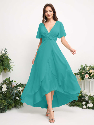 Carlyna A-Line Asymmetric Chiffon Maxi Dress | V-Neck Short Sleeve Bridesmaid & Wedding Guest Dress Side View 3 #color_turquoise