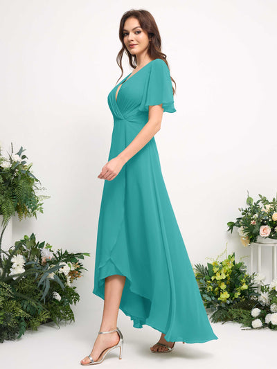 Carlyna A-Line Asymmetric Chiffon Maxi Dress | V-Neck Short Sleeve Bridesmaid & Wedding Guest Dress Side View 5 #color_turquoise