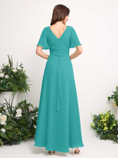 Carlyna A-Line Asymmetric Chiffon Maxi Dress | V-Neck Short Sleeve Bridesmaid & Wedding Guest Dress Back View #color_turquoise