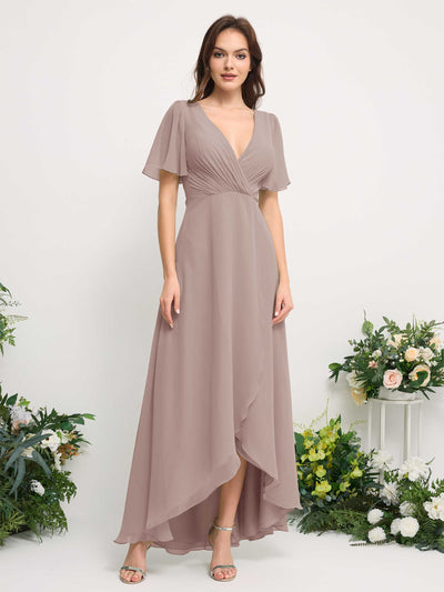 Carlyna A-Line Asymmetric Chiffon Maxi Dress | V-Neck Short Sleeve Bridesmaid & Wedding Guest Dress Front View #color_taupe