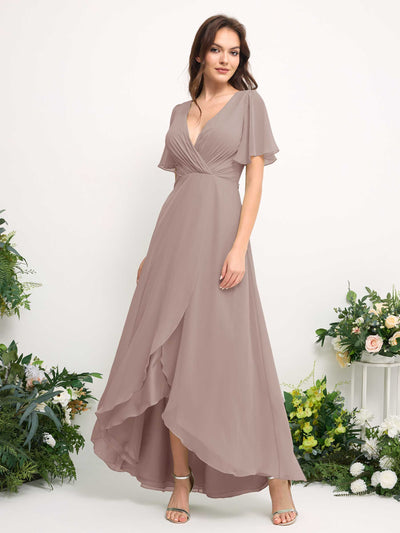 Carlyna A-Line Asymmetric Chiffon Maxi Dress | V-Neck Short Sleeve Bridesmaid & Wedding Guest Dress Side View 2 #color_taupe