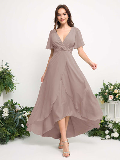 Carlyna A-Line Asymmetric Chiffon Maxi Dress | V-Neck Short Sleeve Bridesmaid & Wedding Guest Dress Side View 3 #color_taupe