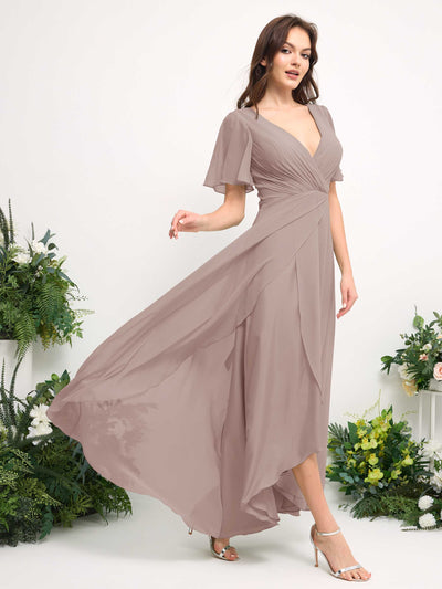 Carlyna A-Line Asymmetric Chiffon Maxi Dress | V-Neck Short Sleeve Bridesmaid & Wedding Guest Dress Side View 4 #color_taupe