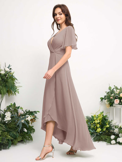 Carlyna A-Line Asymmetric Chiffon Maxi Dress | V-Neck Short Sleeve Bridesmaid & Wedding Guest Dress Side View 5 #color_taupe