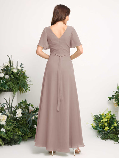 Carlyna A-Line Asymmetric Chiffon Maxi Dress | V-Neck Short Sleeve Bridesmaid & Wedding Guest Dress Back View #color_taupe