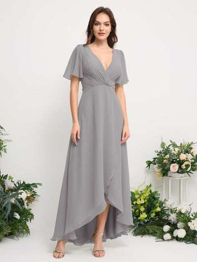 Carlyna A-Line Asymmetric Chiffon Maxi Dress | V-Neck Short Sleeve Bridesmaid & Wedding Guest Dress Front View #color_dove