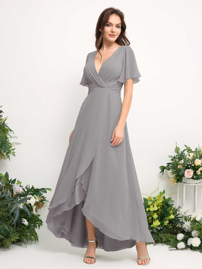 Carlyna A-Line Asymmetric Chiffon Maxi Dress | V-Neck Short Sleeve Bridesmaid & Wedding Guest Dress Side View 2 #color_dove