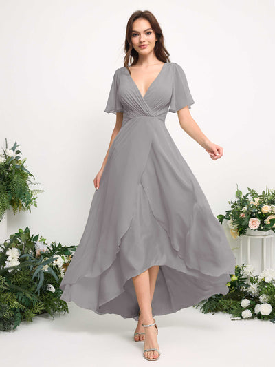 Carlyna A-Line Asymmetric Chiffon Maxi Dress | V-Neck Short Sleeve Bridesmaid & Wedding Guest Dress Side View 3 #color_dove