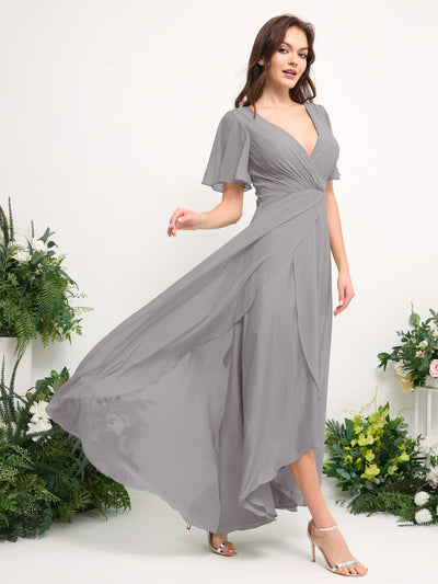 Carlyna A-Line Asymmetric Chiffon Maxi Dress | V-Neck Short Sleeve Bridesmaid & Wedding Guest Dress Side View 4 #color_dove