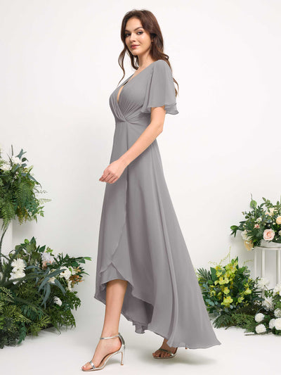 Carlyna A-Line Asymmetric Chiffon Maxi Dress | V-Neck Short Sleeve Bridesmaid & Wedding Guest Dress Side View 5 #color_dove
