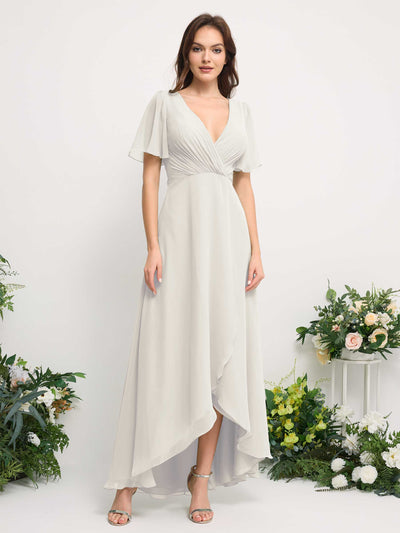 Carlyna A-Line Asymmetric Chiffon Maxi Dress | V-Neck Short Sleeve Bridesmaid & Wedding Guest Dress Front View #color_ivory