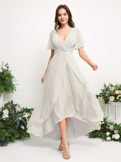 Carlyna A-Line Asymmetric Chiffon Maxi Dress | V-Neck Short Sleeve Bridesmaid & Wedding Guest Dress Side View 3 #color_ivory